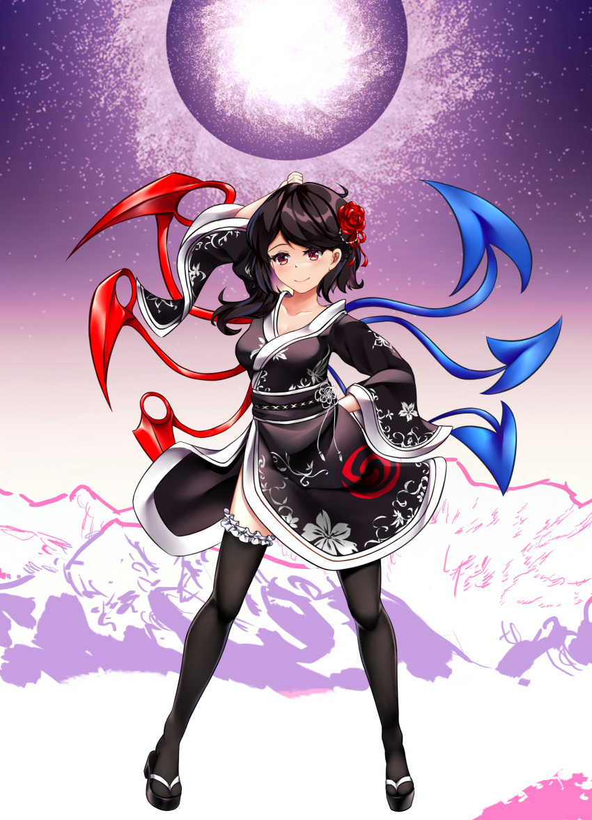 1girl adapted_costume asymmetrical_wings bangs black_hair black_kimono black_legwear blue_wings blush breasts chinese_commentary closed_mouth commentary_request floral_print flower frilled_legwear full_body hair_flower hair_ornament highres houjuu_nue japanese_clothes kimono long_hair looking_at_viewer medium_breasts mountain print_kimono purple_background red_eyes red_flower red_wings rose senri_(jzgy843) smile solo thighhighs tomoe_(symbol) touhou wings