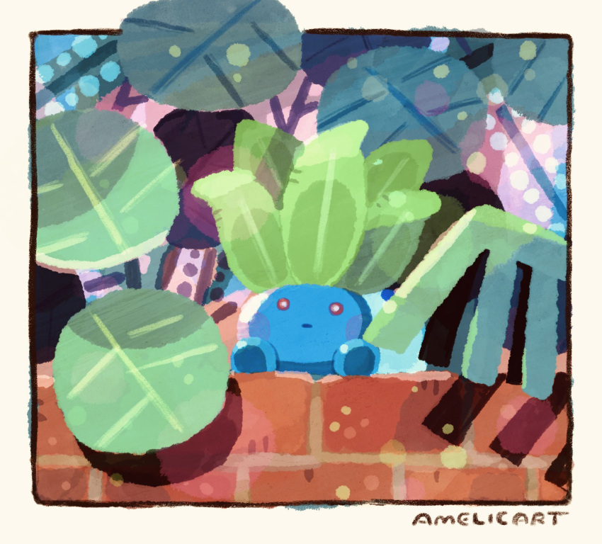 amelicart border brick bright_pupils closed_mouth highres leaf no_humans oddish plant pokemon pokemon_(creature) red_eyes shade signature sitting solo white_pupils