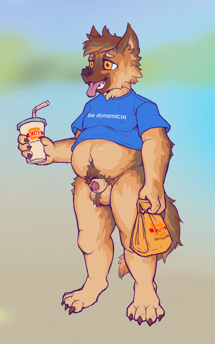 absurd_res animal_genitalia animal_penis belly big_belly canid canine canine_penis canis clothing domestic_dog genitals half_naked heavy hi_res male mammal no_pants overweight penis shirt solo t-shirt tass_the_bovine tongue tongue_out topwear