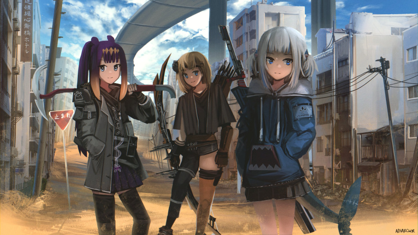 3girls anonamos bangs blonde_hair blue_hair bow_(weapon) building city cloud day fish_tail gawr_gura gun hair_ornament highres hololive hololive_english ice_axe multicolored_hair multiple_girls ninomae_ina'nis outdoors ponytail power_lines purple_hair road_sign ruins shark_tail sign skirt sky streaked_hair tail tentacle_hair utility_pole virtual_youtuber watson_amelia weapon