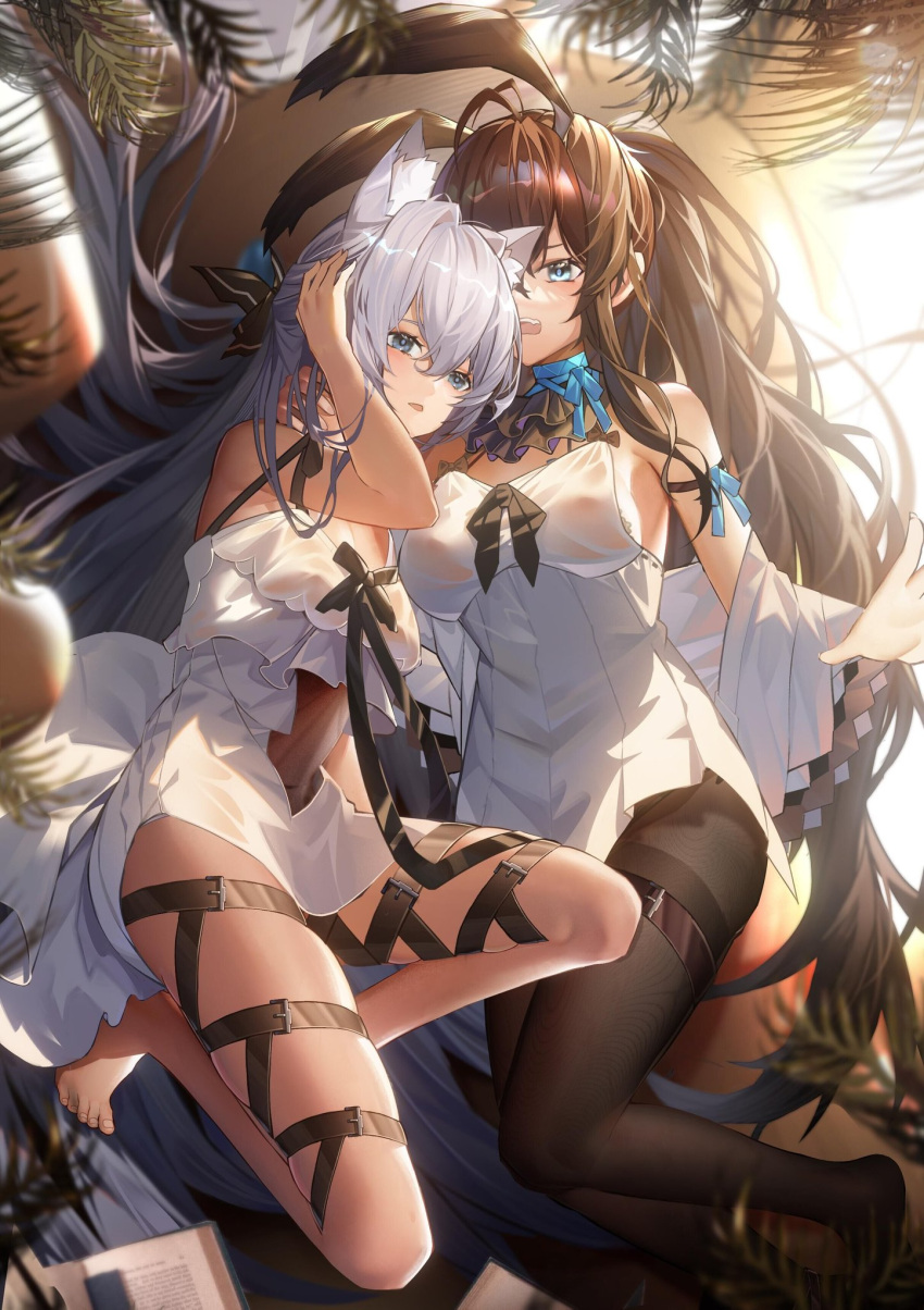 2girls ahoge alternate_costume amiya_(arknights) animal_ear_fluff animal_ears arknights ascot bangs bare_shoulders blue_eyes blush breasts brown_hair cat_ears cat_girl green_eyes hair_intakes hand_on_another's_neck hand_on_own_head highres jinjide_shaonian long_hair multiple_girls off_shoulder open_mouth pantyhose parted_lips ponytail rabbit_ears rabbit_girl rosmontis_(arknights) thigh_strap very_long_hair white_hair