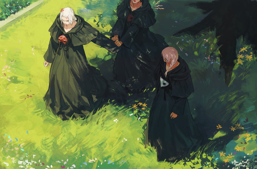 3boys anger_vein black_capelet black_robe braid bush capelet chinese_commentary closed_eyes clothes_grab commentary_request emet-selch final_fantasy final_fantasy_xiv flower from_above grass highres hood hood_down hooded_capelet hythlodaeus long_sleeves male_focus mask mask_removed medium_hair multiple_boys open_mouth outdoors purple_hair quxiaochong short_hair side_braid single_braid sleeve_grab standing tree white_hair