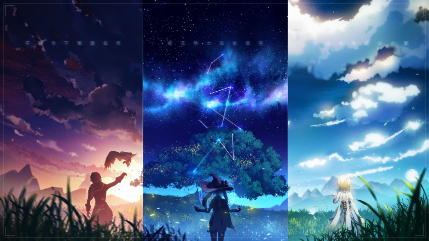 1boy 1girl absurdres background_text bird black_hair blonde_hair blue_headwear blurry blurry_foreground bug cloud cloudy_sky commentary_request dandelion_seed day depth_of_field diluc_(genshin_impact) dress evening falcon falling_leaves falling_star fireflies firefly from_behind galaxy genshin_impact grass hat highres landscape leaf long_hair lumine_(genshin_impact) magic_circle mona_(genshin_impact) mountain mountainous_horizon night night_sky outdoors scenery short_hair short_hair_with_long_locks sky solo standing star_(sky) starry_sky translation_request tree twintails white_dress witch_hat zi13591
