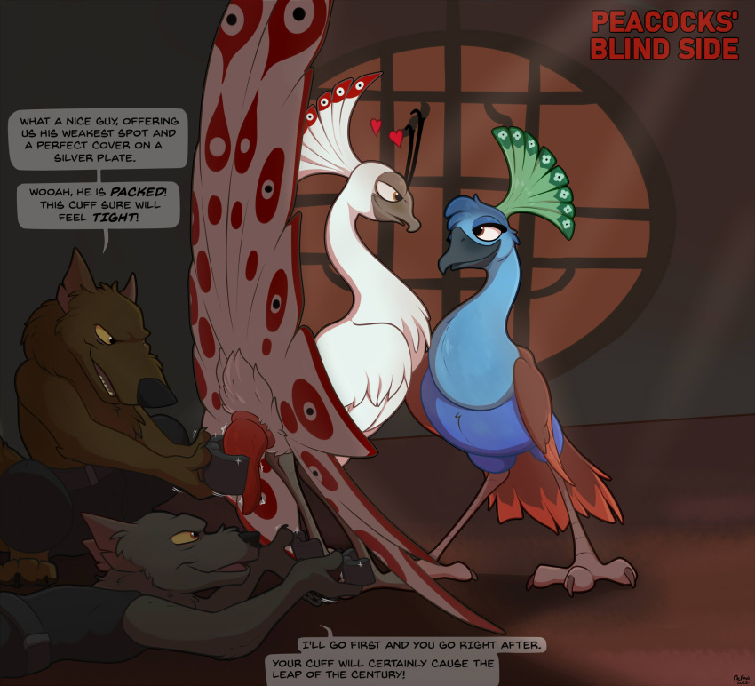 &lt;3 animal_genitalia anthro avian bird canid canine canis cloaca dreamworks feather_markings feathers female feral galliform genitals group hi_res kung_fu_panda lord_shen male mammal markings mcfan peafowl penis phasianid wolf