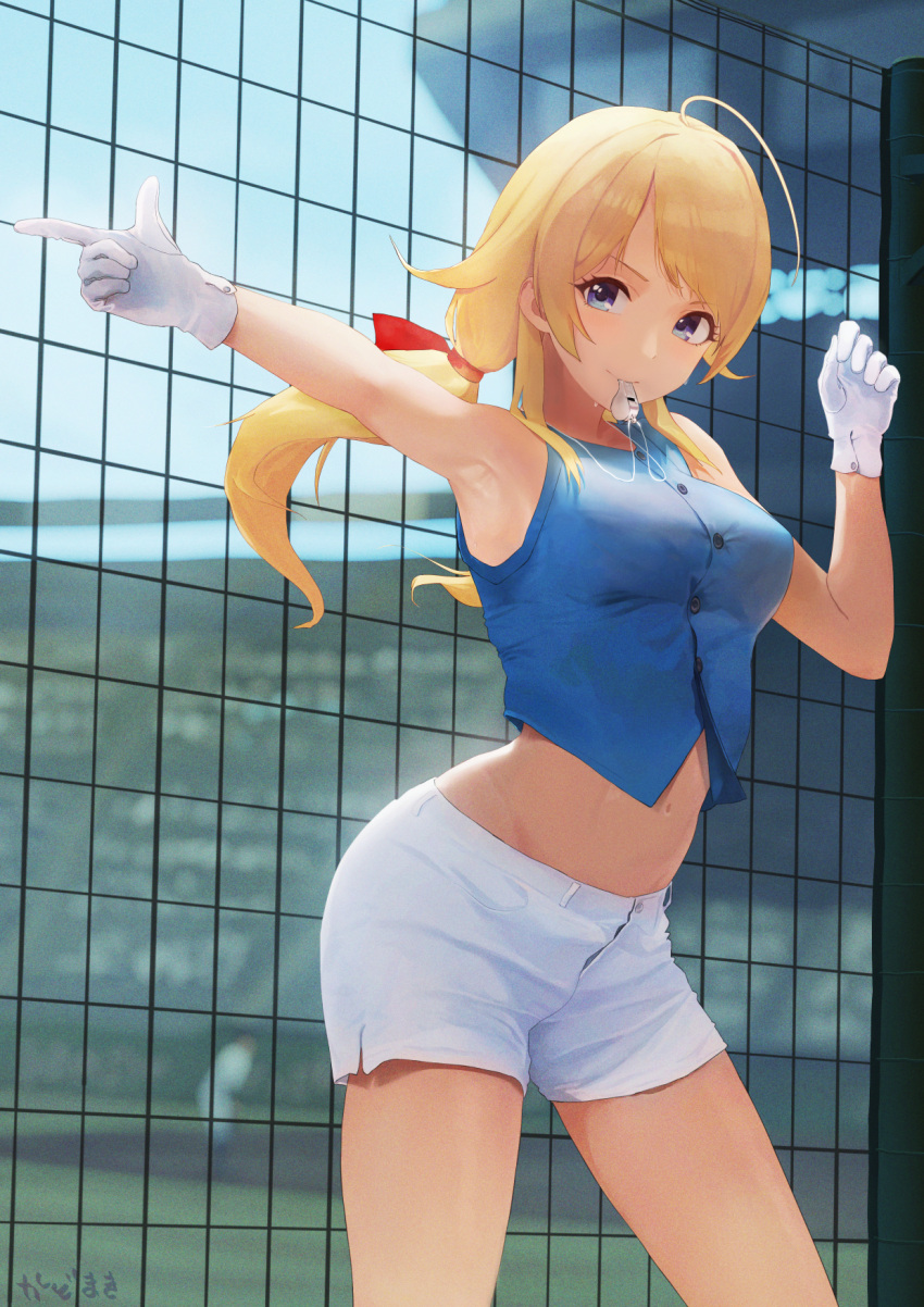 ahoge armpits bangs bare_shoulders blonde_hair blowing_whistle blue_eyes blue_shirt breasts cheerleader cowboy_shot crop_top eyebrows_behind_hair finger_gun gloves hachimiya_meguru highres idolmaster idolmaster_shiny_colors kadomaki_madoka large_breasts long_hair looking_at_viewer midriff navel outdoors pointing shirt short_shorts shorts sleeveless sleeveless_shirt stadium swept_bangs taut_clothes taut_shirt twintails whistle whistle_around_neck white_gloves white_shorts