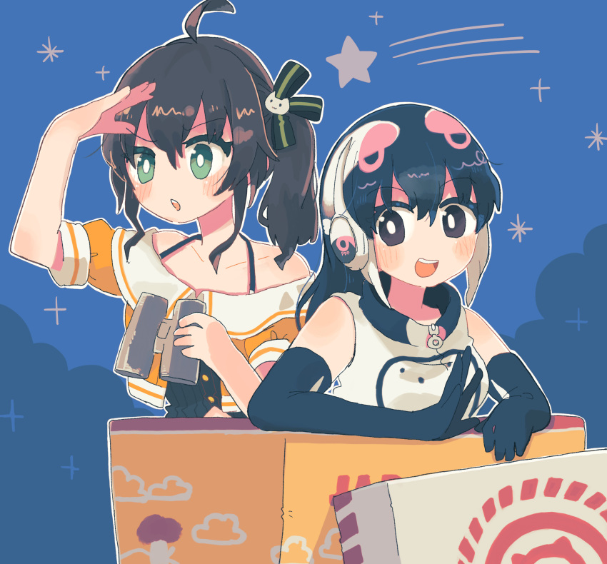 2girls african_penguin_(kemono_friends) animal_costume black_hair box brown_hair gloves hasu_(zatsugami) headphones highres hololive kemono_friends kemono_friends_v_project long_hair looking_at_viewer multiple_girls natsuiro_matsuri open_mouth penguin_costume ribbon shirt smile straight_hair virtual_youtuber