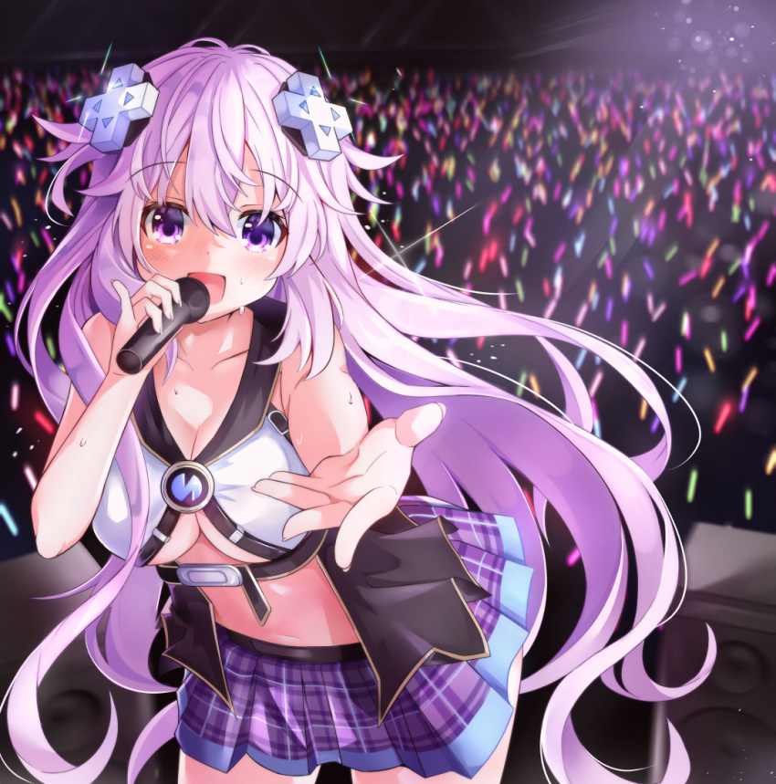 1girl :d adult_neptune alternate_costume audience blush breasts cleavage cosplay cowboy_shot d-pad d-pad_hair_ornament giga-tera hair_ornament hands_up holding holding_microphone leaning_forward long_hair medium_breasts microphone midriff miniskirt music neptune_(neptune_series) neptune_(neptune_series)_(cosplay) neptune_(series) no_bra plaid plaid_skirt pleated_skirt purple_eyes purple_hair reaching_out singing skirt smile solo stage underboob very_long_hair