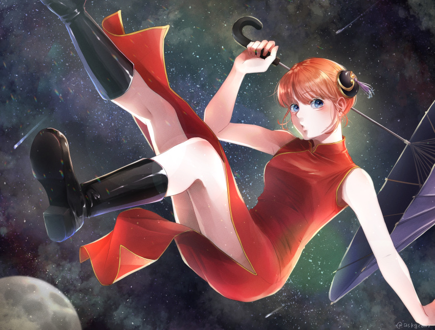 1girl absurdres askgcom bare_arms black_footwear blue_eyes bun_cover china_dress chinese_clothes dress eyebrows_visible_through_hair gintama highres holding holding_umbrella kagura_(gintama) long_dress looking_at_viewer oil-paper_umbrella open_mouth orange_hair purple_umbrella red_dress shiny shiny_hair short_hair side_slit sky sleeveless sleeveless_dress solo star_(sky) starry_sky twitter_username umbrella