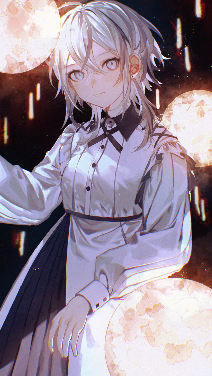 1girl absurdres ahoge bangs closed_mouth clothing_request earrings eyebrows_visible_through_hair grey_eyes grey_hair hair_between_eyes highres iwai_ku_tsuki jewelry looking_at_viewer medium_hair moon night night_sky original sidelocks sky solo tagme