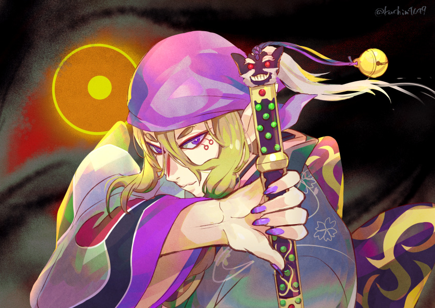 1boy bakeneko blonde_hair facepaint hair_between_eyes highres japanese_clothes kachin kusuriuri_(mononoke) long_hair male_focus mononoke obi pointy_ears purple_bandana purple_eyes purple_nails sash sword_of_exorcism