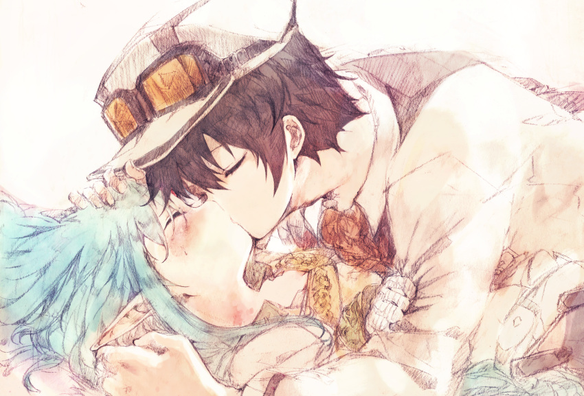 1boy 1girl agulo black_hair blue_hair blush brother_and_sister closed_eyes el_mofus_(rance_10) elf forehead_jewel goggles goggles_on_headwear hetero highres incest kiss lying on_back pointy_ears rance_(series) rance_10 reset_kalar siblings simple_background sketch white_background