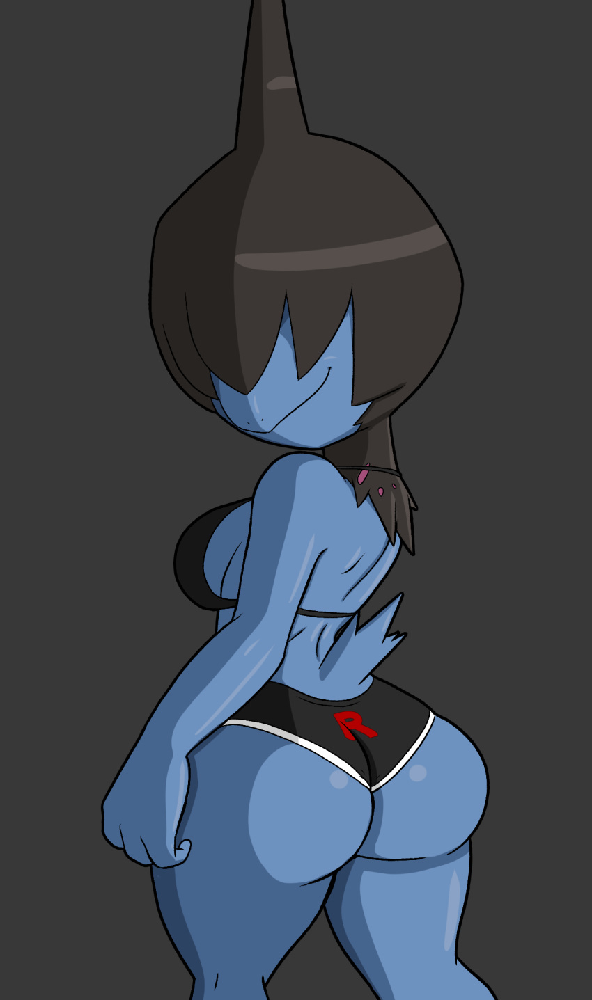 anthro big_breasts big_butt bikini black_hair blue_body breasts butt clothing deino female hair hair_over_eyes hi_res logo looking_at_viewer looking_back nintendo pok&eacute;mon pok&eacute;mon_(species) smile solo swimwear tansau team_rocket thick_thighs video_games