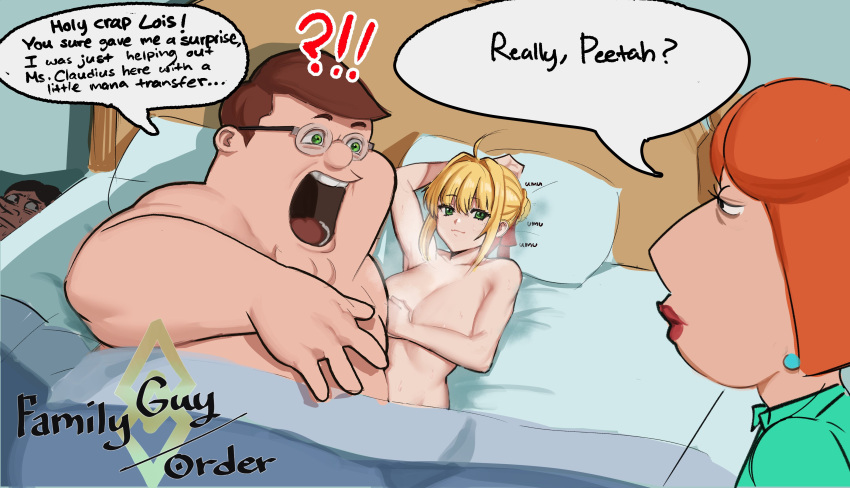 absurdres blonde_hair breasts covered_nipples crossover earrings family_guy fate/grand_order fate_(series) glasses glenn_quagmire green_eyes head_on_pillow highres jewelry kowai_(iamkowai) lipstick lois_griffin makeup multiple_boys multiple_girls nero_claudius_(fate) nero_claudius_(fate/extra) nude on_bed orange_hair parody peter_griffin