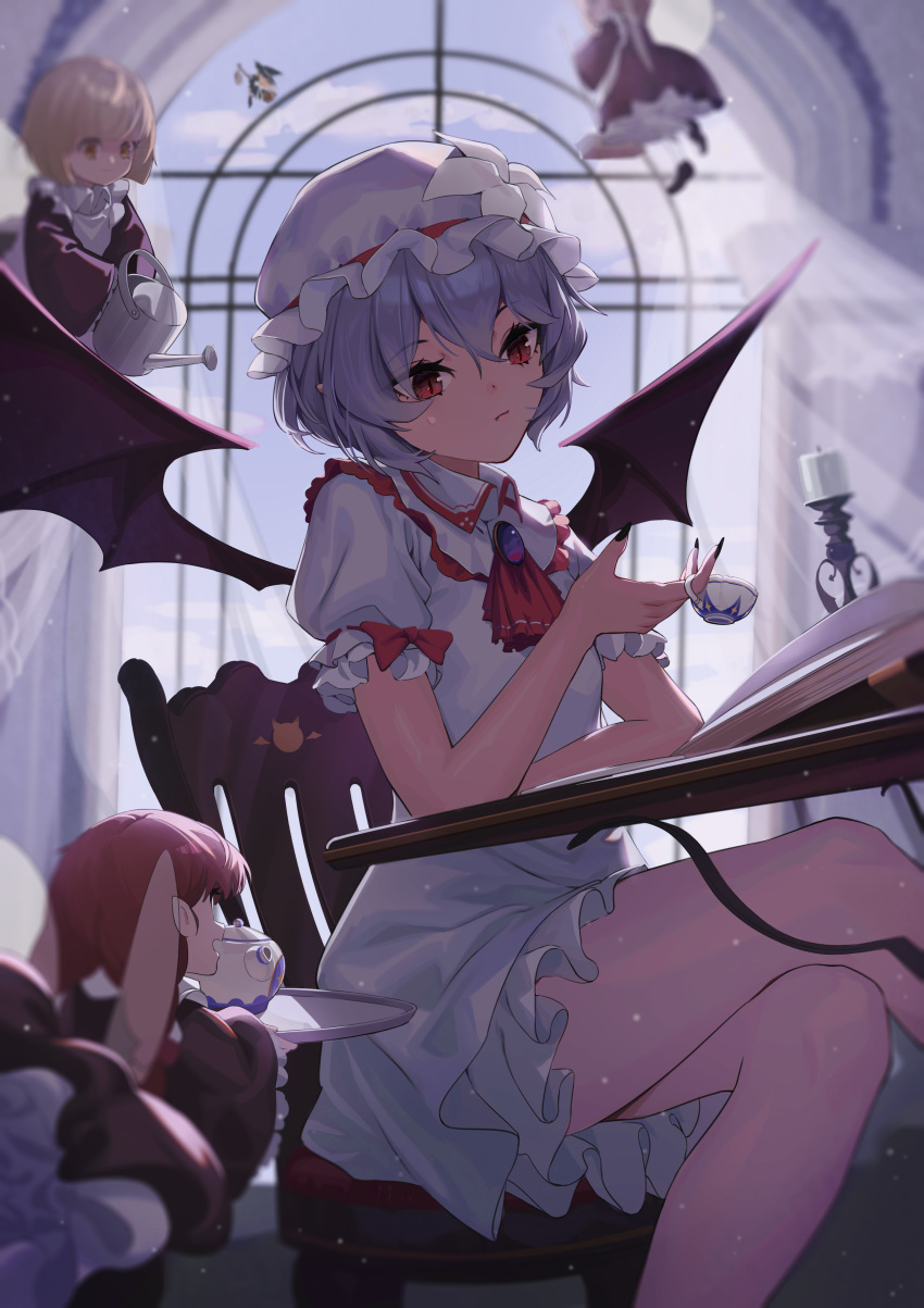 5girls :/ absurdres apron ascot bat_wings black_dress black_nails blonde_hair blue_hair book brooch broom broom_riding candlestand chair closed_mouth cloud collared_dress commentary crossed_legs cup day dress fairy_maid_(touhou) fairy_wings fang fingernails flying fuwafuwa4560 hair_between_eyes hat highres holding holding_cup holding_plate holding_watering_can jewelry kirisame_marisa long_hair looking_at_object looking_down maid_apron mob_cap multiple_girls nail_polish on_chair open_book plate puffy_short_sleeves puffy_sleeves red_ascot red_eyes red_hair remilia_scarlet short_hair short_sleeves sitting sky slit_pupils table teacup teapot touhou watering_can white_dress white_headwear window wings
