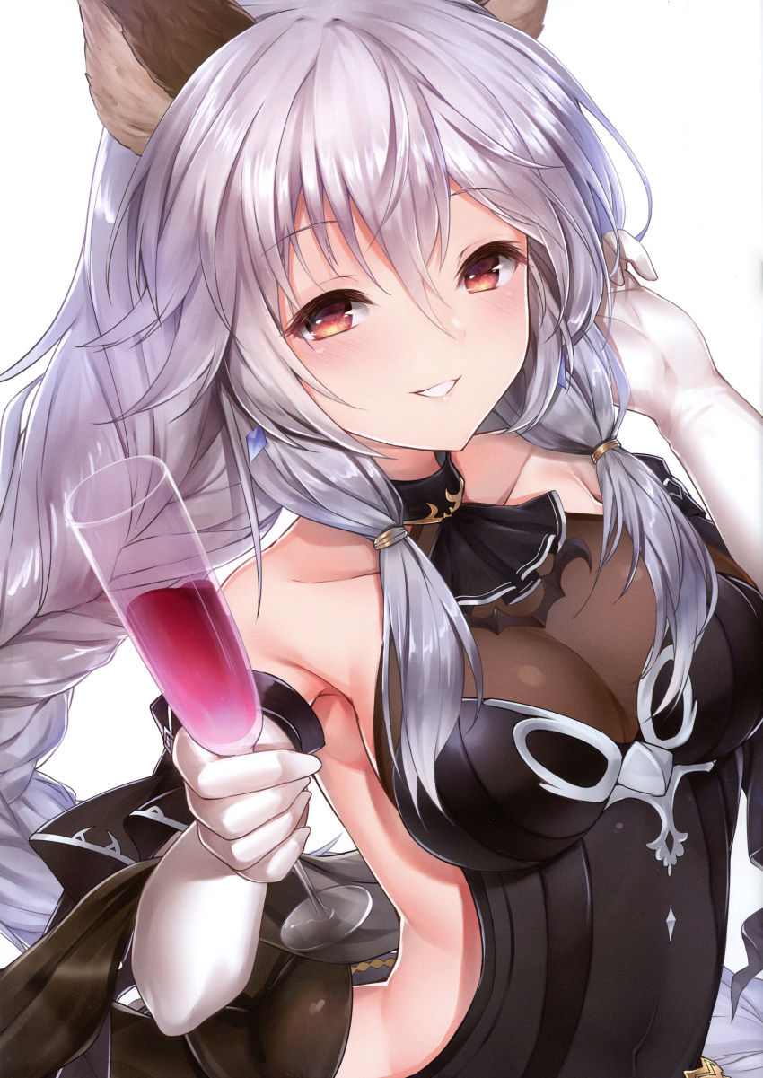 1girl absurdres alcohol bangs bare_shoulders black_gloves blush braid breasts brown_eyes cup dress earrings elbow_gloves eyebrows_visible_through_hair gloves granblue_fantasy grey_hair hand_up heles highres jewelry long_hair looking_at_viewer medium_breasts parted_lips scan shiny shiny_hair shiny_skin simple_background single_braid sleeveless smile solo topia upper_body white_gloves wine
