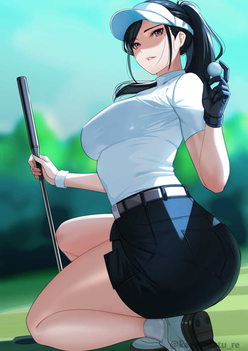 1girl absurdres ball black_gloves black_hair breasts brown_eyes gloves golf golf_ball golf_club golf_course highres kagematsuri kneeling looking_at_viewer mole mole_under_eye original ponytail shirt shoes single_glove solo thighs visor_cap white_shirt