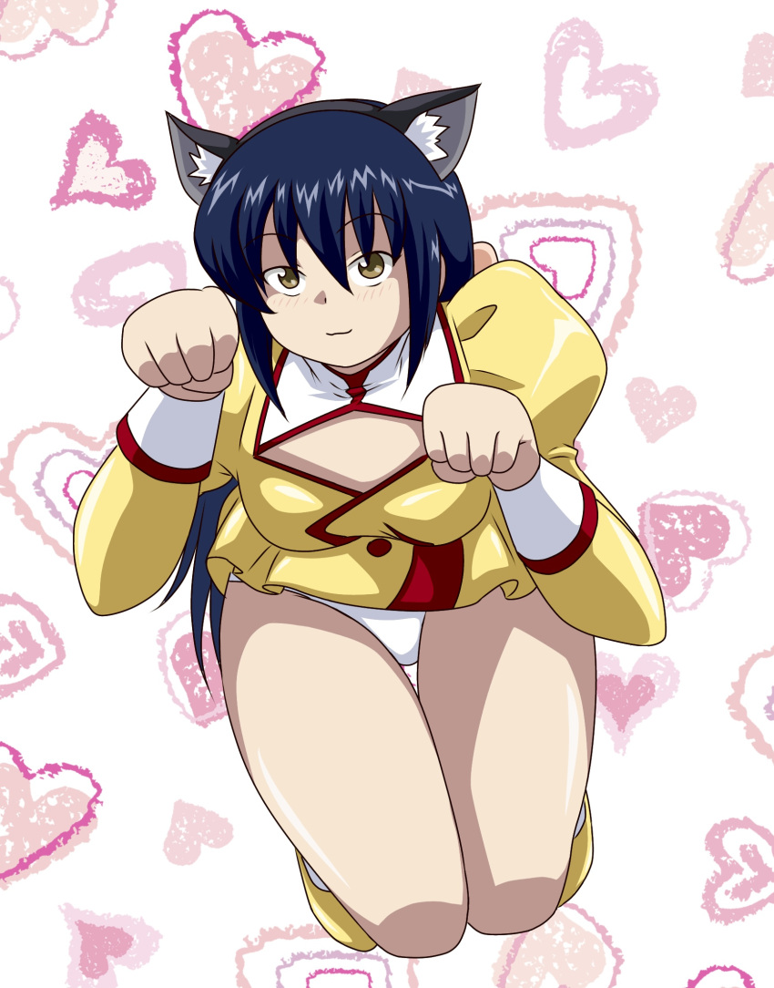 1girl agent_aika aika_(series) animal_ears bad_hands blue_hair blush bobby_socks brown_eyes cat_ears delmogeny_uniform dress fake_animal_ears golden_delmo hair_ribbon heart highres juliet_sleeves kuroyoshi long_sleeves looking_at_viewer panties pantyshot paw_pose petoriyacowa_rie pink_ribbon puffy_sleeves ribbon simple_background smile socks solo squatting underwear uniform white_legwear white_panties yellow_dress yellow_footwear