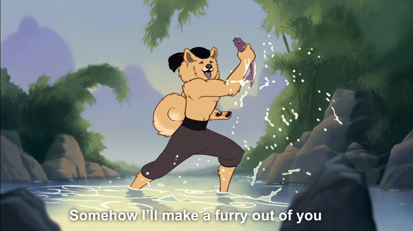 anthro black_hair canid canine canis chow_chow clothed clothing disney domestic_dog drokmars edit fishing fur hair hi_res long_hair male mammal meme mulan_(1998) partially_clothed partially_submerged redraw solo spitz tan_body tan_fur tongue tongue_out topknot topless topless_male