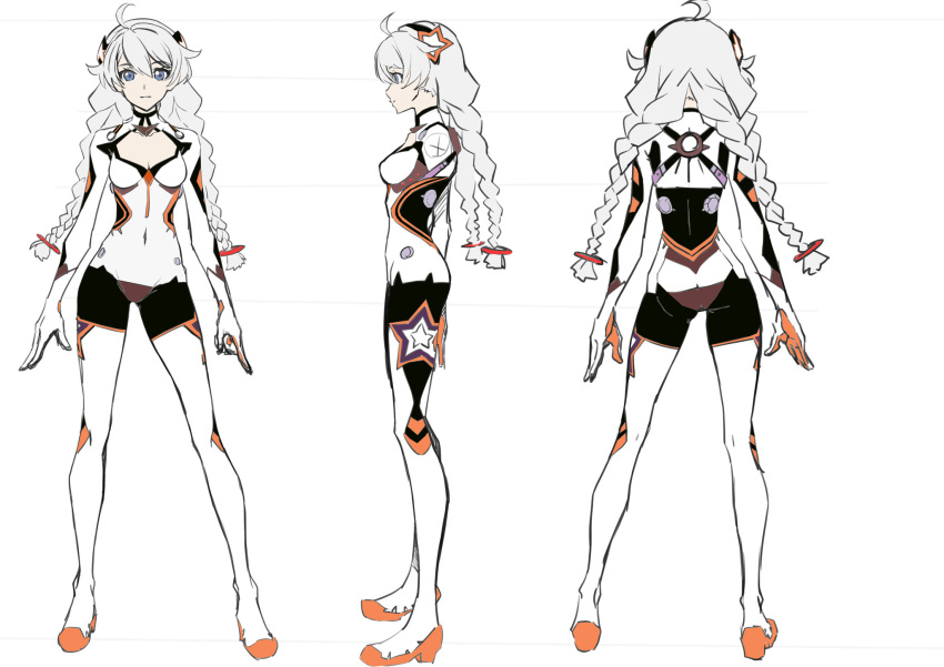 1girl ahoge ass bangs blue_eyes bodysuit braid breasts character_sheet cleavage cleavage_cutout closed_mouth clothing_cutout covered_navel from_behind from_side full_body hair_between_eyes headband highres honkai_(series) honkai_impact_3rd kiana_kaslana kiana_kaslana_(white_comet) long_hair looking_at_viewer medium_breasts small_breasts smile solo task_baron third-party_edit twin_braids white_bodysuit white_hair