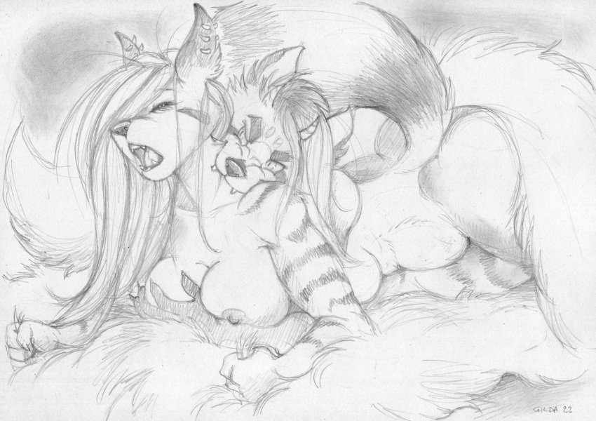 ailurid anthro bedding big_breasts blanket breast_grab breasts demon duo eyes_closed fangs female female/female hand_on_breast horn hyaenid imposter kaguya_(umpherio) looking_at_another lying mammal moan nude on_front red_panda sans_(sanssouci) sanssouci sketch