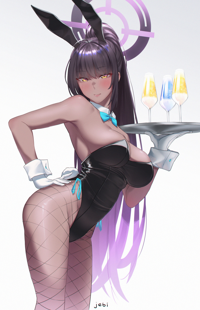 1girl absurdres animal_ears bare_shoulders black_hair black_leotard blue_archive blue_bow blue_bowtie blush bow bowtie breasts closed_mouth dark-skinned_female dark_skin detached_collar fake_animal_ears fake_tail fishnet_legwear fishnets gloves halo hand_on_hip highres holding holding_tray jebi karin_(blue_archive) karin_(bunny_girl)_(blue_archive) large_breasts leaning_forward leotard long_hair multicolored_hair playboy_bunny ponytail purple_hair rabbit_ears rabbit_tail solo tail thighs tray two-tone_hair very_long_hair white_gloves wrist_cuffs yellow_eyes