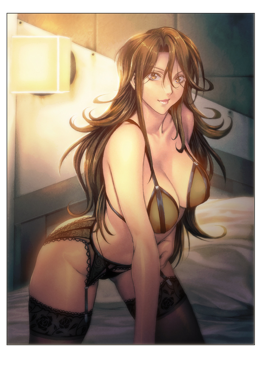 1girl bangs bare_arms bare_shoulders bra breasts brown_eyes brown_hair cleavage closed_mouth collarbone commentary_request garter_belt garter_straps gundam gundam_00 highres homare_(fool's_art) indoors lingerie lips long_hair looking_at_viewer medium_breasts panties shiny shiny_hair shiny_skin simple_background smile solo sumeragi_lee_noriega thighhighs thighs underwear underwear_only