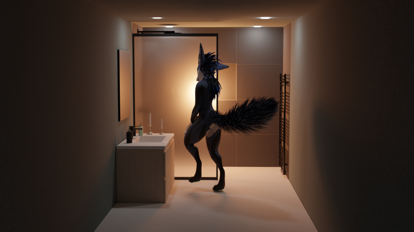 anthro bathroom big_ears blender_(software) blue_body blue_fur clothed clothing feathers fur hi_res kaminofox looking_away male nude partially_clothed raised_leg raised_tail rexouium shower solo unclothing underwear underwear_down uranousraptor white_body white_fur