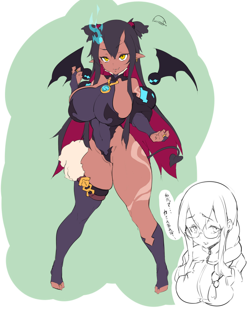 1girl arm_tattoo ass_visible_through_thighs bare_shoulders black_hair black_legwear blue_fire broken_horn covered_navel dark-skinned_female dark_skin demon_girl demon_horns demon_tail demon_wings detached_sleeves detached_wings earrings eyebrows_visible_through_hair fang fang_out fire flame flat_color glasses hair_between_eyes highres horns index_fingers_together jewelry leg_tattoo leotard long_hair mini_wings multicolored_hair multiple_views original parted_lips pointy_ears potion_(moudamepo) purple_footwear purple_leotard red_hair sketch skindentation smile tail tattoo thighhighs twintails two-tone_hair wings yellow_eyes zipper zipper_pull_tab