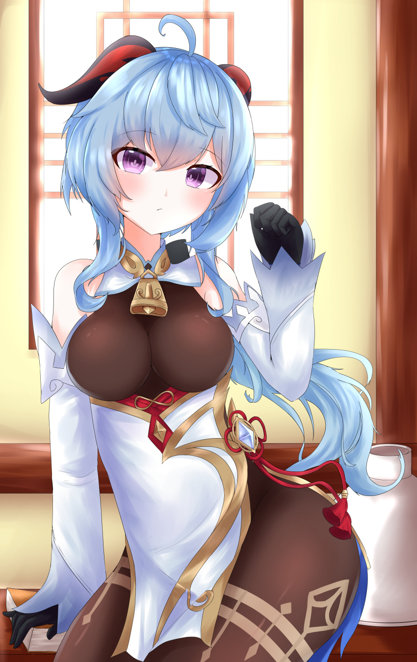 1girl absurdres ahoge bangs bare_shoulders bell black_gloves black_legwear blue_hair blush breasts chinese_knot detached_sleeves eyebrows_visible_through_hair flower_knot ganyu_(genshin_impact) genshin_impact gloves gold_trim highres horns indoors long_hair looking_at_viewer medium_breasts min1910 neck_bell purple_eyes sidelocks sitting solo tassel thighlet vision_(genshin_impact) white_sleeves window