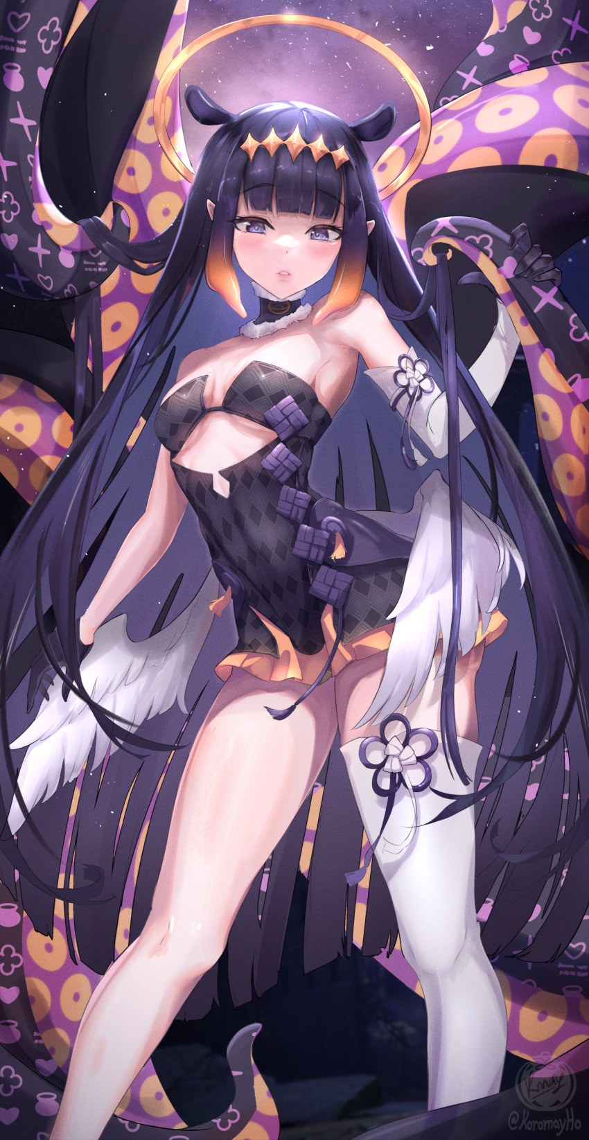 1girl absurdres bangs blunt_bangs blush breasts eyebrows_visible_through_hair hair_ornament halo highres holding hololive hololive_english koromay_ho long_hair looking_at_viewer multicolored_hair ninomae_ina'nis open_mouth single_thighhigh small_breasts solo streaked_hair tail thighhighs thighs virtual_youtuber