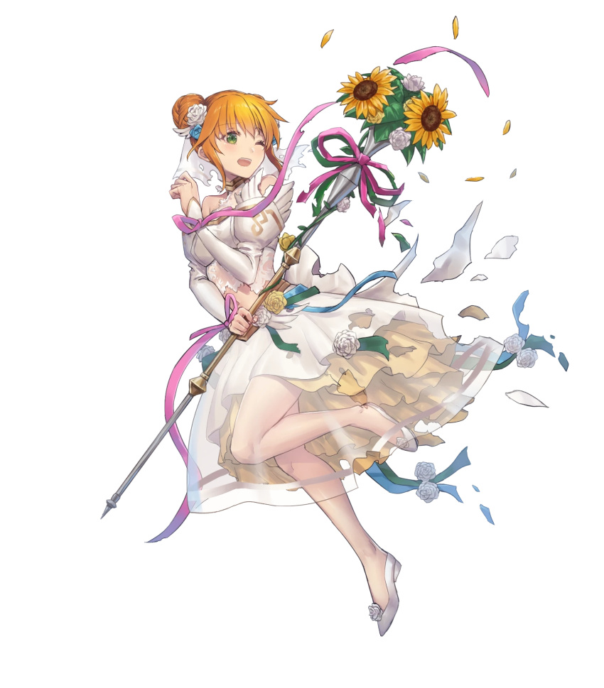 1girl bangs bare_shoulders blush bridal_veil double_bun dress eyebrows_visible_through_hair fire_emblem fire_emblem:_the_binding_blade fire_emblem_heroes flower full_body gold_trim green_eyes hair_ornament highres holding larum_(fire_emblem) leg_up long_sleeves looking_away non-web_source official_art one_eye_closed open_mouth orange_hair oukawa_yuu petals rose shiny shiny_hair sidelocks skirt staff sunflower torn_clothes torn_dress torn_skirt transparent_background veil wedding_dress white_dress white_flower white_footwear white_rose