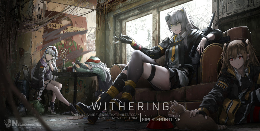 404_(girls'_frontline) 4girls absurdres black_gloves black_hairband black_jacket boots brown_hair card chinese_commentary cigarette collared_shirt dog english_commentary english_text eyebrows_visible_through_hair fingerless_gloves g11_(girls'_frontline) girls'_frontline gloves green_eyes green_headwear h&amp;k_ump45 hair_ornament hairband hat highres hk416_(girls'_frontline) jacket long_hair lu_(pixiv20967832) mechanical_arms mini_hat mixed-language_commentary mod3_(girls'_frontline) multiple_girls necktie one_side_up orange_eyes orange_hair playing_card scar scar_across_eye shirt single_glove single_leg_pantyhose single_mechanical_arm teardrop_facial_mark teardrop_tattoo twintails ump45_(girls'_frontline) ump9_(girls'_frontline) white_gloves white_hair white_shirt x_hair_ornament yellow_eyes