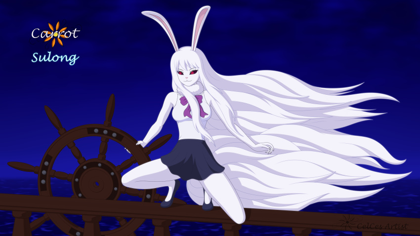 absurd_res anthro boat boat_wheel bottomwear breasts carrot_(one_piece) clothing decafox female fur hair hi_res lagomorph leporid long_ears long_hair long_tail mammal minkmen_(one_piece) neck_tuft night one_piece purple_sclera rabbit red_eyes sea shirt skirt sky smile solo spread_legs spreading steering_wheel sulong_carrot tail_through_skirt tail_tuft topwear tuft vehicle water watercraft white_body white_fur white_hair white_tail