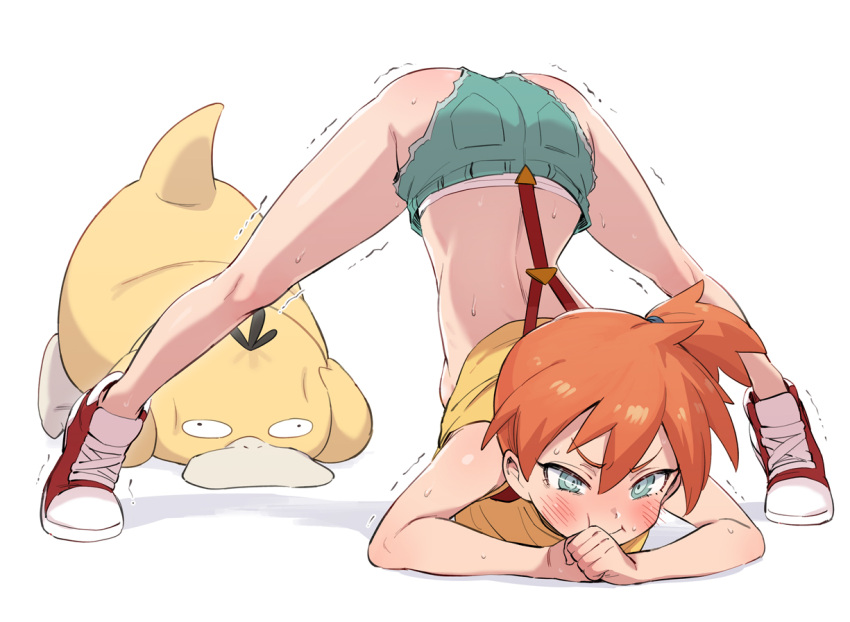 1girl ass blue_eyes blush breasts breasts_out closed_mouth commentary eyebrows_visible_through_hair green_eyes jack-o'_challenge meme midriff misty_(pokemon) orange_hair pokemon pokemon_(anime) pokemon_(classic_anime) pokemon_(creature) psyduck shaking shirt shoes short_hair short_shorts shorts side_ponytail simple_background sleeveless sleeveless_shirt small_breasts sneakers suspenders sweat toku_(ke7416613) top-down_bottom-up underboob white_background