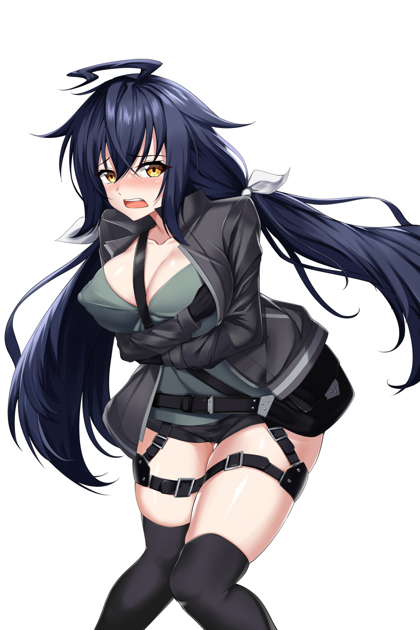 1girl absurdres ahoge blue_hair blush breasts cleavage counter:side dash_(counter:side) elze_(s01047480836) gloves highres jacket large_breasts long_hair looking_at_viewer low_twintails no_bra shorts solo thighhighs twintails very_long_hair yellow_eyes