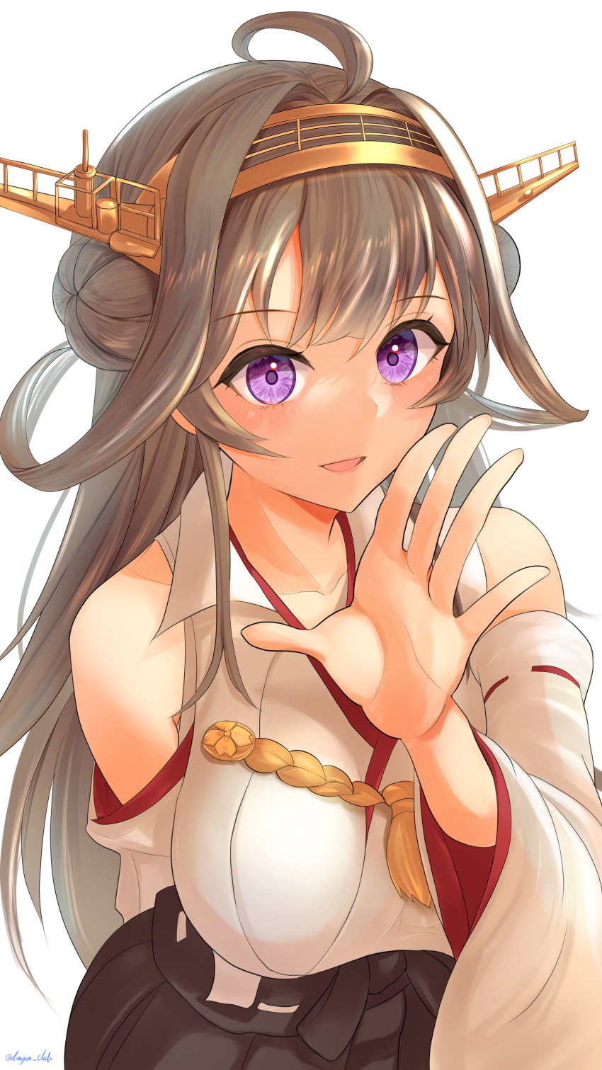 1girl absurdres ahoge bangs bare_shoulders black_hakama breasts brown_hair collarbone dangan_kurabu detached_sleeves double_bun eyebrows_visible_through_hair hakama hakama_short_skirt hakama_skirt hand_up headgear highres japanese_clothes kantai_collection kongou_(kancolle) kongou_kai_ni_(kancolle) large_breasts long_hair looking_at_viewer nontraditional_miko open_mouth purple_eyes ribbon-trimmed_sleeves ribbon_trim skirt solo twitter_username upper_body white_background