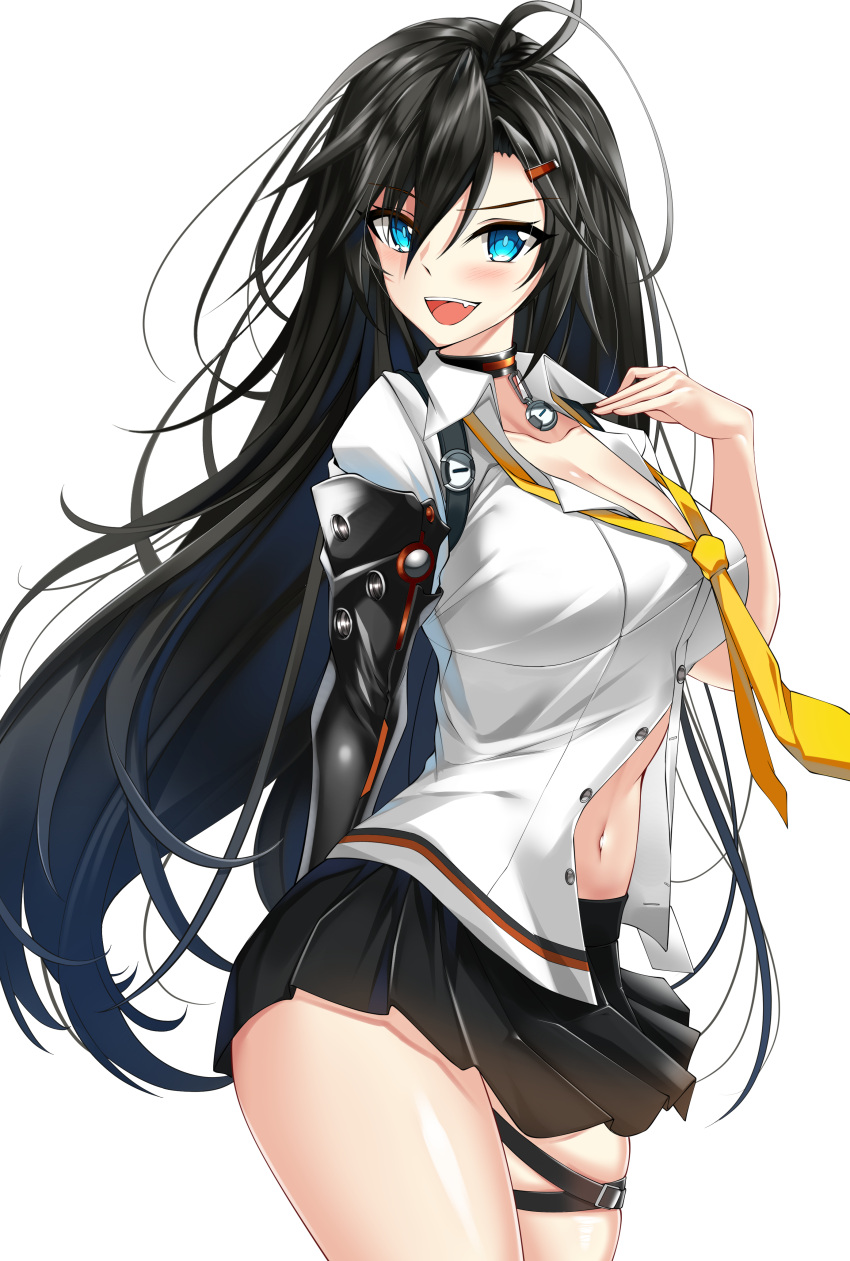 1girl absurdres ahoge black_hair blue_eyes breasts choker cleavage closers elze_(s01047480836) hair_ornament hairclip highres large_breasts long_hair navel necktie pleated_skirt short_sleeves skirt solo thigh_strap very_long_hair yuri_seo