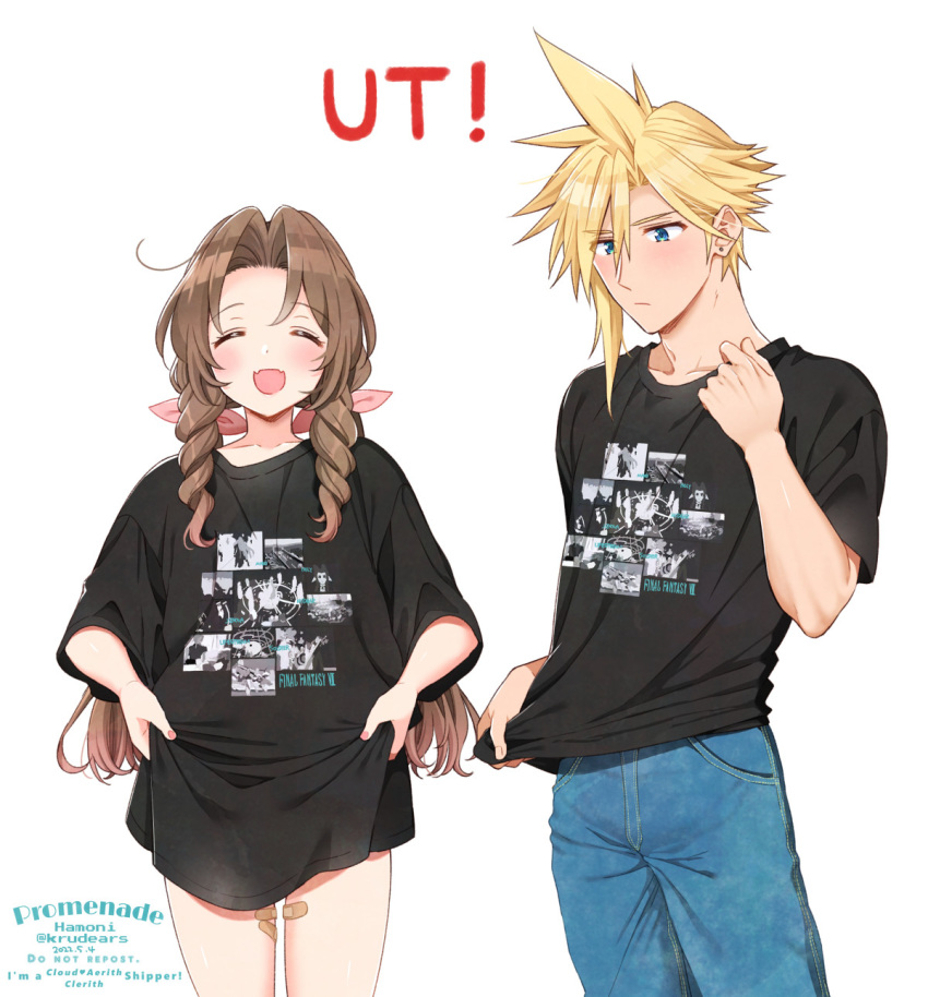 1boy 1girl aerith_gainsborough asymmetrical_hair bandaid bangs black_shirt blonde_hair blue_eyes blush brown_hair closed_eyes clothes_lift cloud_strife curly_hair denim earrings fangs final_fantasy final_fantasy_vii final_fantasy_vii_remake hair_ribbon highres jeans jewelry krudears no_pants open_mouth pants parted_bangs ponytail print_shirt ribbon shirt shirt_lift sidelocks single_earring spiked_hair t-shirt uniqlo upper_body white_background