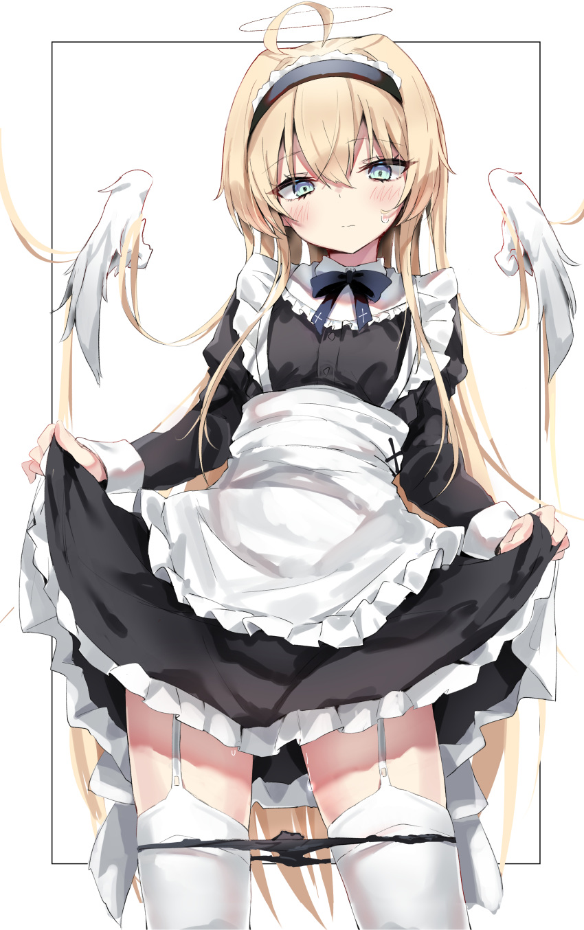 1girl absurdres ahoge angel angel_wings apron apron_lift bangs black_panties blonde_hair blue_bow blue_bowtie blush bow bowtie frilled_apron frills garter_straps green_eyes hair_between_eyes highres long_hair long_sleeves looking_at_viewer maid maid_apron maid_headdress original panties solo standing thighhighs toshizou_(0714) underwear white_legwear wings