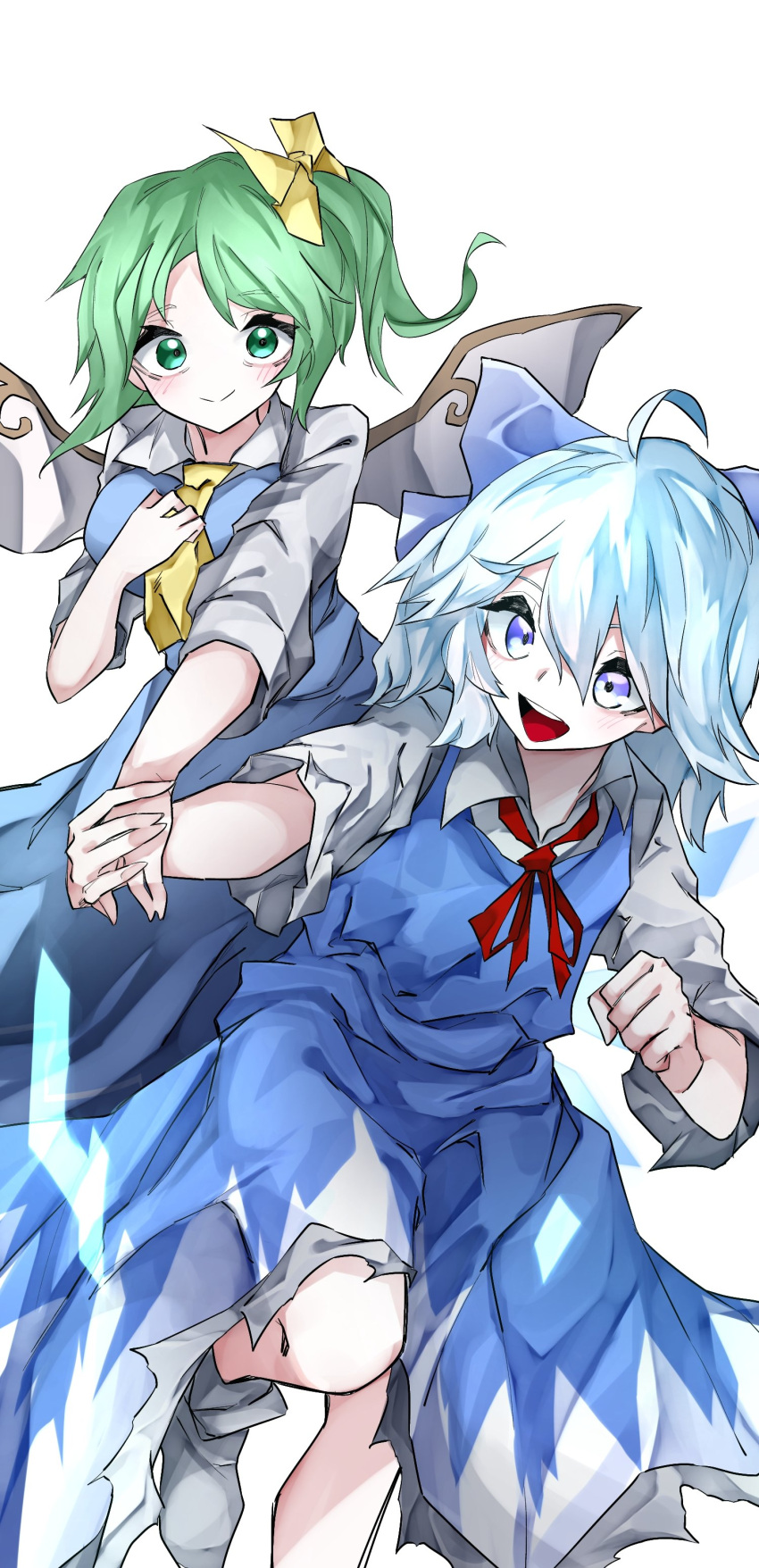 2girls absurdres ahoge ascot bangs blue_bow blue_dress blue_hair bow cirno clenched_hand collared_shirt commentary daiyousei dress eyebrows_visible_through_hair fairy_wings green_eyes green_hair hair_between_eyes hair_bow hand_on_own_chest highres holding_hands ice ice_wings looking_at_viewer multiple_girls neck_ribbon open_mouth parted_bangs ponytail purple_eyes red_ribbon ribbon shirt short_hair smile socks teeth touhou upper_teeth vivo_(vivo_sun_0222) white_background white_legwear wide_sleeves wings yellow_ascot yellow_bow