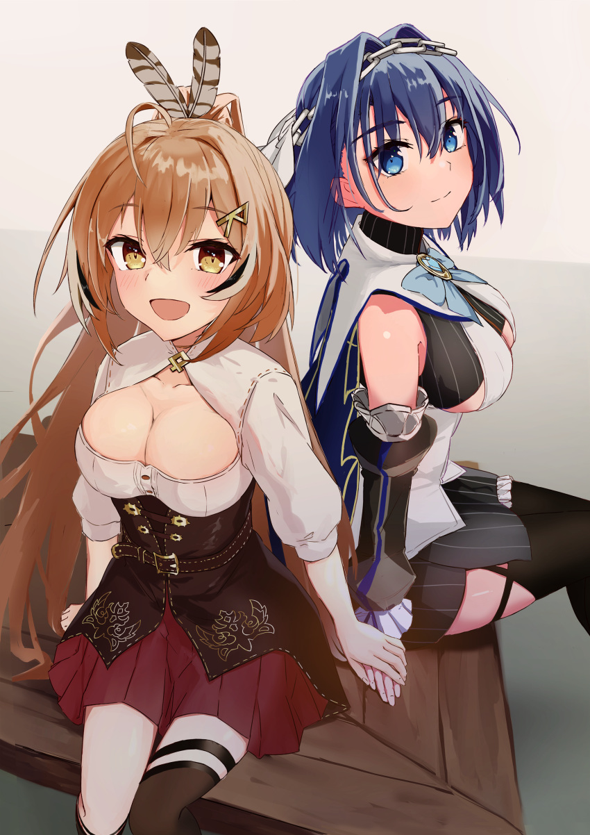 2girls absurdres ahoge asymmetrical_legwear black_hair blue_eyes blue_hair blush breasts brown_eyes brown_hair cleavage feathers hair_ornament hairclip highres hololive hololive_english large_breasts long_hair looking_at_viewer mikaso_(mkmkmikaso) mismatched_legwear multicolored_hair multiple_girls nanashi_mumei open_mouth ouro_kronii ponytail ribbon short_hair single_thighhigh skirt sleeveless streaked_hair thighhighs two-tone_hair underboob very_long_hair