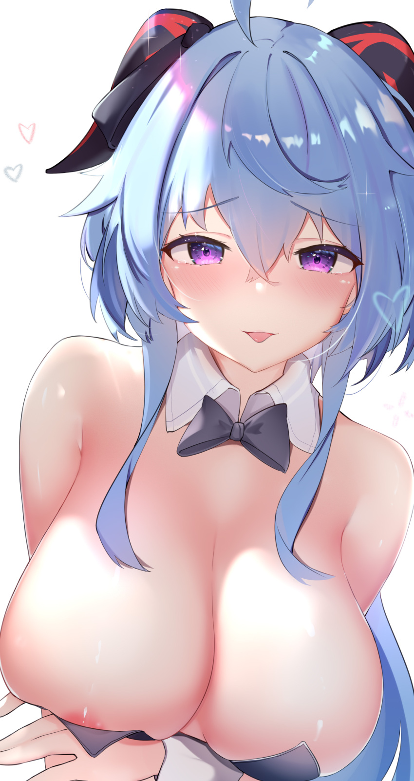 1girl :p absurdres areola_slip areolae bare_shoulders black_bow black_bowtie blue_hair bow bowtie breasts detached_collar ganyu_(genshin_impact) genshin_impact goat_horns hair_between_eyes heart highres horns large_breasts long_hair looking_at_viewer nipples playboy_bunny simple_background solo tongue tongue_out usagi_poi white_background