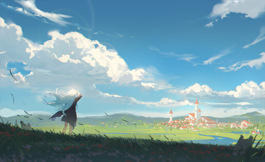 1girl aqua- arm_up black_coat blue_sky cloud coat day facing_away falling_leaves from_behind grass hand_on_own_forehead highres horizon leaf lens_flare long_hair meadow mountain original outdoors river scenery sky solo standing sunlight town white_hair wide_shot wind