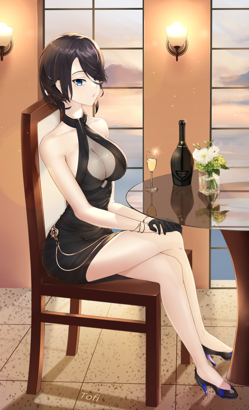 1girl absurdres anchor_earrings ark_royal_(azur_lane) ark_royal_(guardian_of_the_ball)_(azur_lane) azur_lane bare_shoulders black_dress black_footwear black_gloves black_hair blue_eyes bottle bouquet bracelet breasts chair cleavage cocktail_dress collarbone crossed_legs dress earrings english_commentary gloves hair_over_one_eye half_gloves halter_dress halterneck high_heels highres indoors jewelry large_breasts looking_at_viewer short_dress short_hair sitting sleeveless sleeveless_dress solo table tofi window