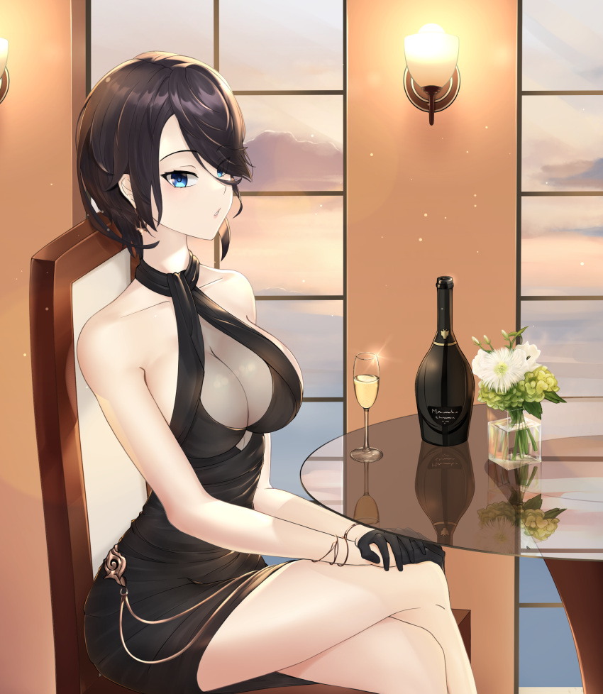 1girl absurdres anchor_earrings ark_royal_(azur_lane) ark_royal_(guardian_of_the_ball)_(azur_lane) azur_lane bare_shoulders black_dress black_gloves black_hair blue_eyes bottle bouquet bracelet breasts chair cleavage cocktail_dress collarbone crossed_legs dress earrings english_commentary gloves hair_over_one_eye half_gloves halter_dress halterneck highres indoors jewelry large_breasts looking_at_viewer short_dress short_hair sitting sleeveless sleeveless_dress solo table tofi window