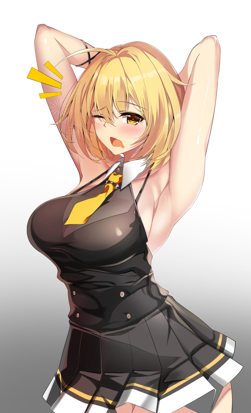 1girl ahoge armpits arms_up bare_shoulders blonde_hair blush bra_strap elze_(s01047480836) haru_estia highres looking_at_viewer necktie one_eye_closed pleated_skirt short_hair skirt sleeveless solo soul_worker yellow_eyes