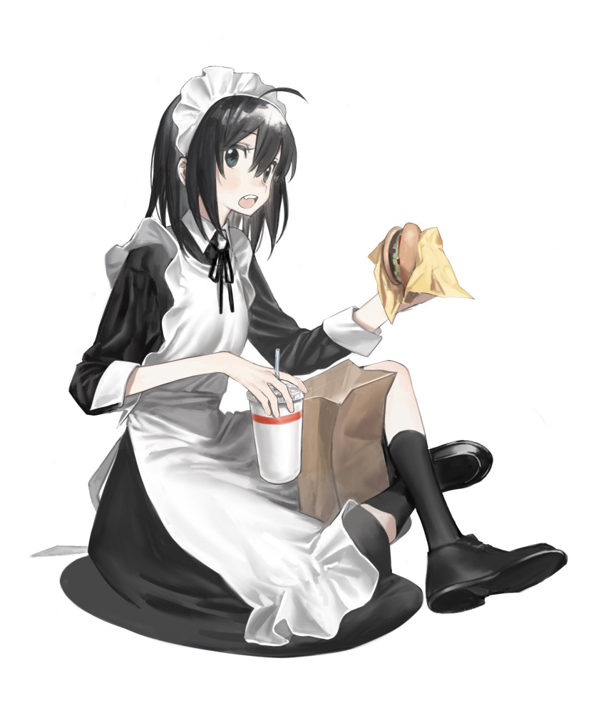 1girl ahoge bag black_footwear black_hair black_legwear black_ribbon burger cup drinking_straw food green_eyes grey_background hair_between_eyes highres holding holding_cup holding_food long_hair looking_at_viewer maid maid_headdress open_mouth original ribbon simple_background sitting socks solo teeth tongue upper_teeth xxxsoiu1