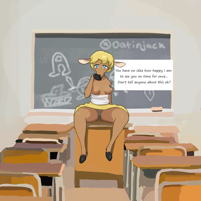 animal_humanoid anthro blonde_hair blue_eyes breasts cervid cervid_humanoid classroom classroom_nudity exposed_breasts female hair hi_res hooves humanoid mammal mammal_humanoid oatinjack school solo student teacher teacher_and_student