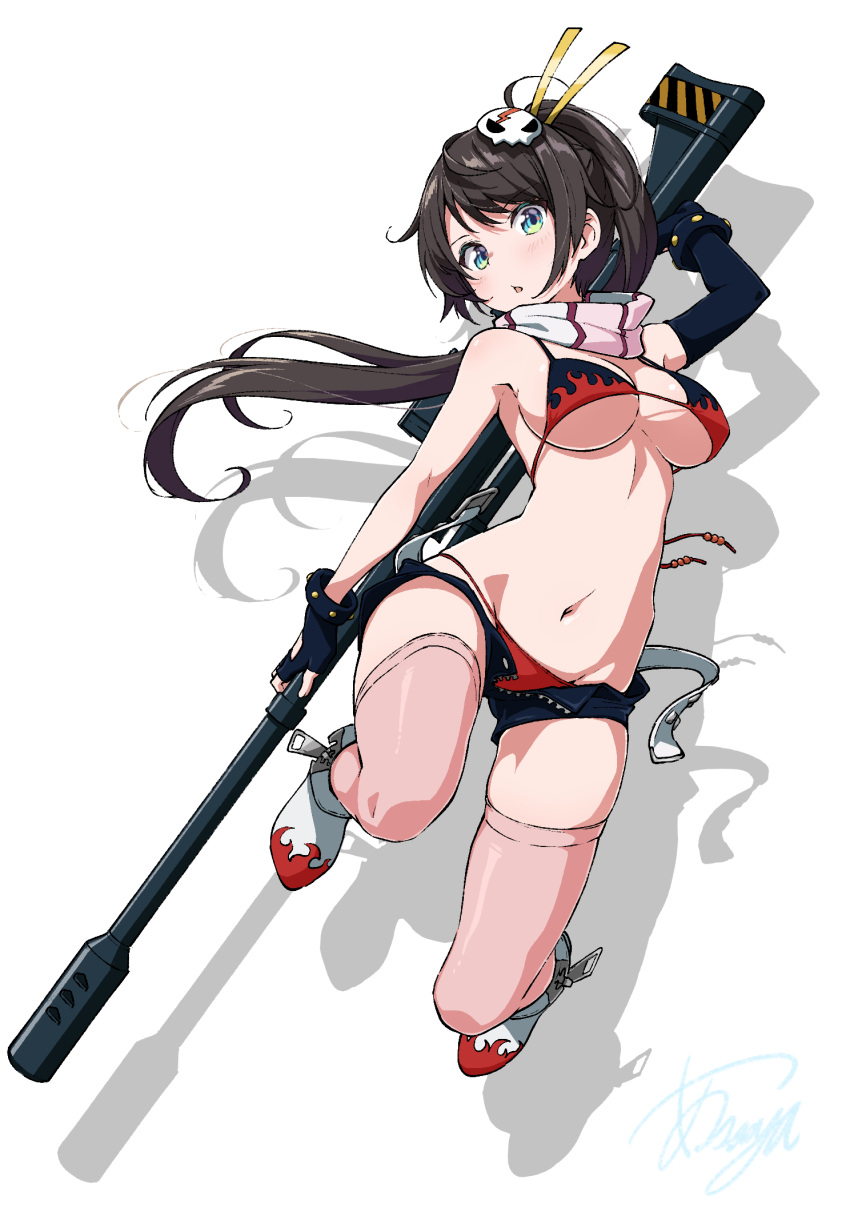 1girl anti-materiel_rifle asanaya bikini black_shorts breasts cosplay full_body gun hair_ornament highres holding holding_gun holding_weapon hololive long_hair looking_at_viewer navel oozora_subaru pink_legwear ponytail rifle short_shorts shorts simple_background skull_hair_ornament sniper_rifle solo swimsuit tengen_toppa_gurren_lagann thighhighs virtual_youtuber weapon white_background yoko_littner yoko_littner_(cosplay)