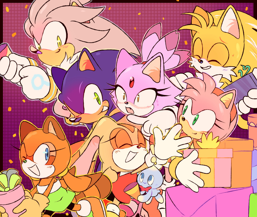 ! 3boys 4girls :&gt; ^_^ absurdres amy_rose animal_ears animal_nose arm_around_neck arm_up bare_shoulders bike_shorts birthday black_border blaze_the_cat blue_eyes blue_fur blue_hair blush body_fur border bow bowtie box brown_hair cat_ears cat_girl chao_(sonic) cheese_(sonic) child closed_eyes closed_mouth commentary confetti constricted_pupils cream_the_rabbit dress embarrassed english_commentary fang flat_chest forehead_jewel fox_boy fox_ears fox_tail furry furry_female furry_male gem gift gift_box gloves gradient gradient_background green_dress green_eyes grey_fur grey_hair grey_outline grin hair_tie hairband happy high_heels highres holding holding_box holding_gift holding_party_popper hug light_blush long_hair looking_at_another looking_back looking_up marine_the_raccoon multicolored_hair multiple_boys multiple_girls nervous nose_blush one_eye_closed open_mouth orange_eyes orange_footwear orange_fur orange_gloves orange_hair outline outside_border party party_popper pink_footwear pink_fur pink_hair pink_outline pointing purple_background purple_fur purple_hair purple_outline rabbit_ears rabbit_girl rabbit_tail raccoon_ears raccoon_girl raccoon_tail red_bow red_bowtie red_dress red_gemstone red_hairband shoes short_dress short_hair sidelocks sideways_mouth silver_the_hedgehog simple_background smile sonic_(series) sonic_the_hedgehog spiked_hair stellarspin strapless strapless_dress sweat tail tails_(sonic) topknot traditional_bowtie twintails two-tone_fur two-tone_hair white_fur white_gloves yellow_eyes yellow_fur yellow_outline